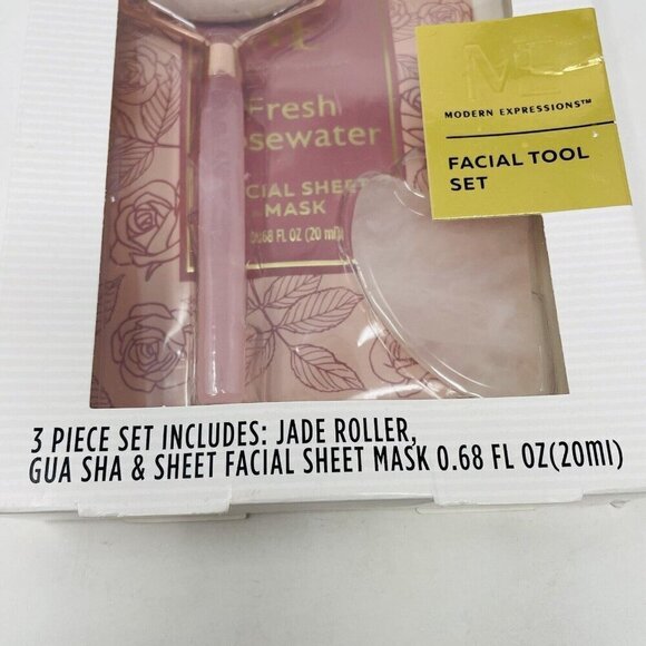 Modern Expressions 3 Piece Facial Tool Set Jade Roller Gua Sha & Sheet Mask - Picture 2 of 5